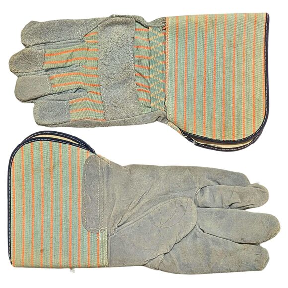 Heavy-Duty Leather Work Gloves – Reinforced Palm – Industrial – Striped Cuff - Picture 2 of 3